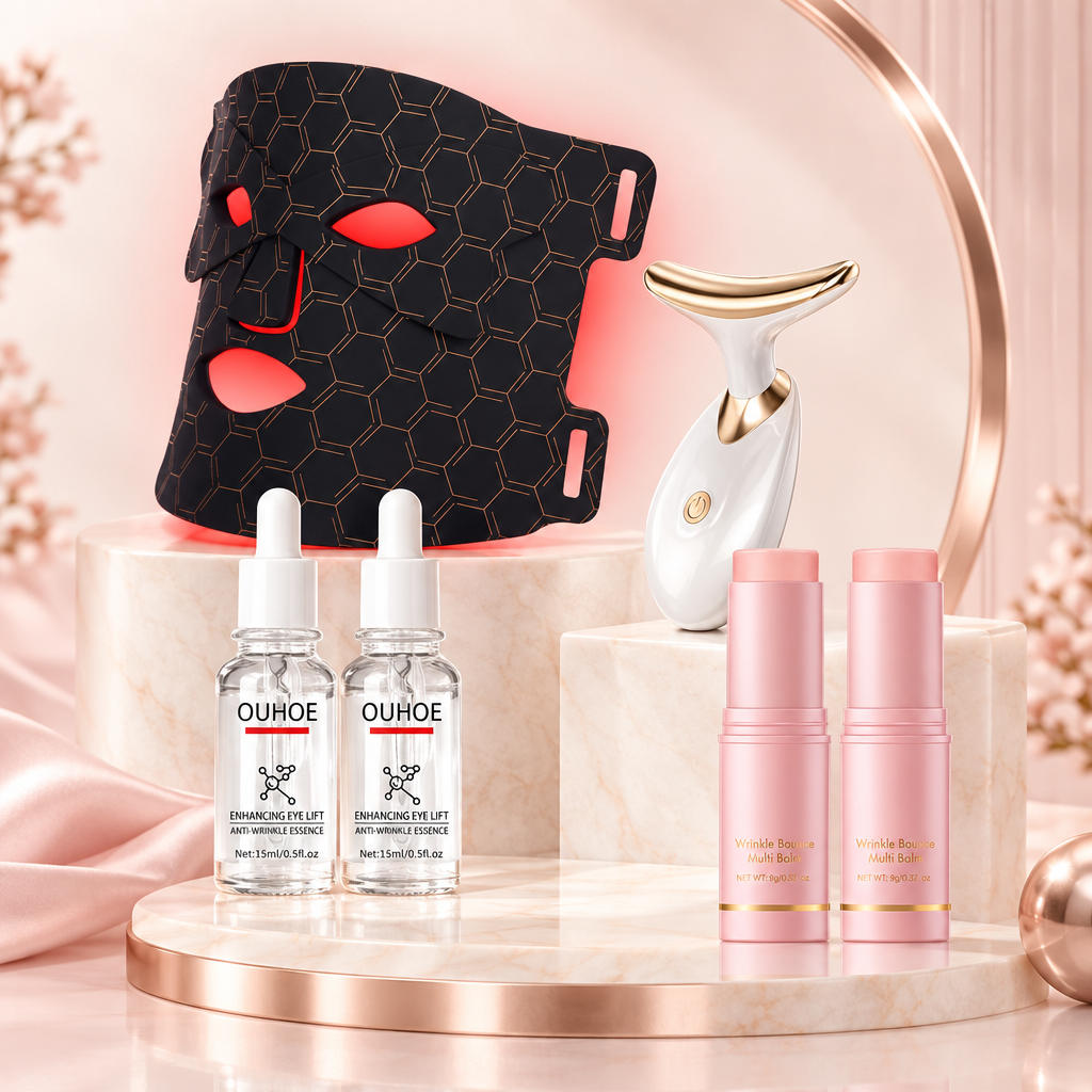 Pack premium con máscara LED roja, masajeador facial, dos sérums y dos bálsamos de colágeno