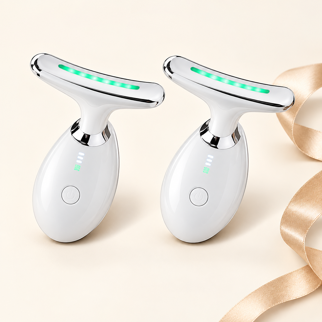 Dos masajeadores faciales y de cuello MGE-009 blancos sobre fondo claro con cinta decorativa